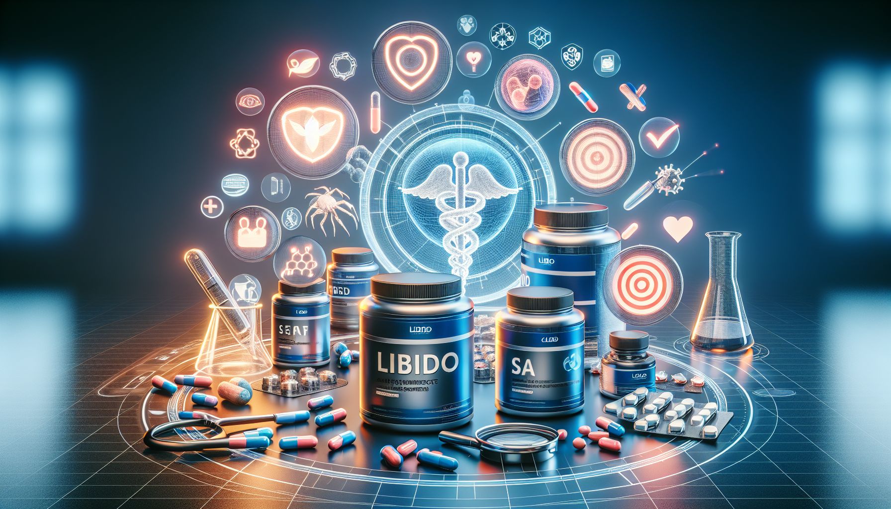 Assorted capsules and herbal supplements on a wooden table, symbolizing natural libido enhancement remedies